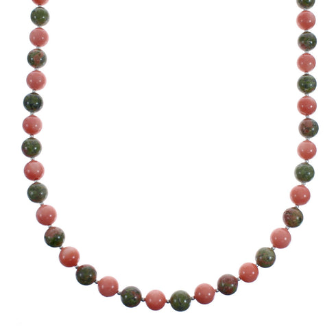 Native American Unakite and Coral Bead Sterling Silver Necklace JX126860